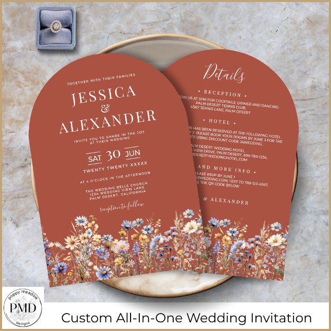 Invitación Flores Silvestres Azul Polvoriento Todo En Un Boda (Terracotta Watercolor Wildflowers Elegant Arch Wedding Invitation with Details on the Back.)