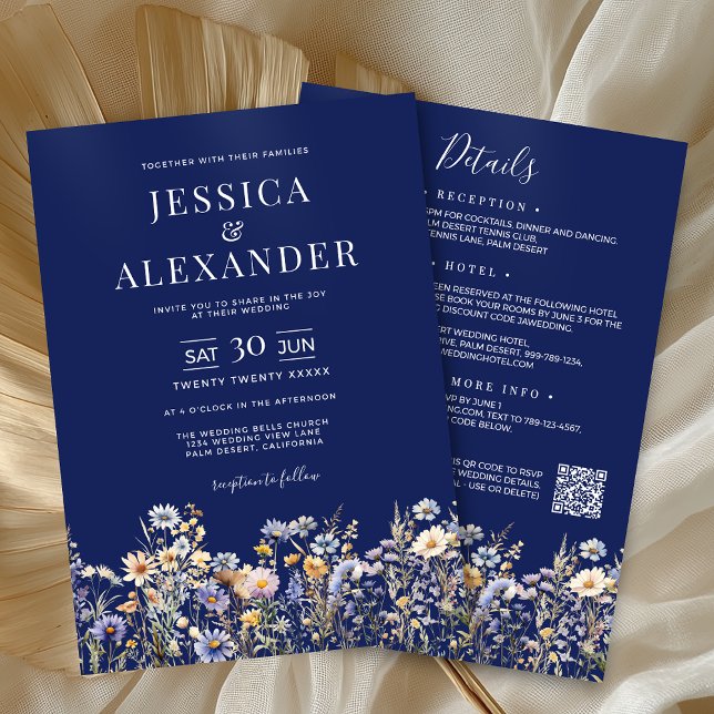 Invitación Flores Silvestres Azul Polvoriento Todo En Un Boda (Dusty Blue Wildflower All In One QR Code Navy Wedding Invitation with Reception, Hotel, RSVP on Back)