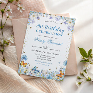 Invitación Flores Silvestres Azules Blancas y Mariposas Cumpl