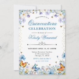 Invitación Flores Silvestres Azules Blancas y Mariposas Quinc