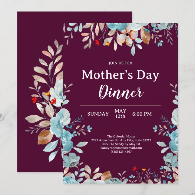 Invitación Flores silvestres azules elegantes Cena del Día de (Anverso / Reverso)