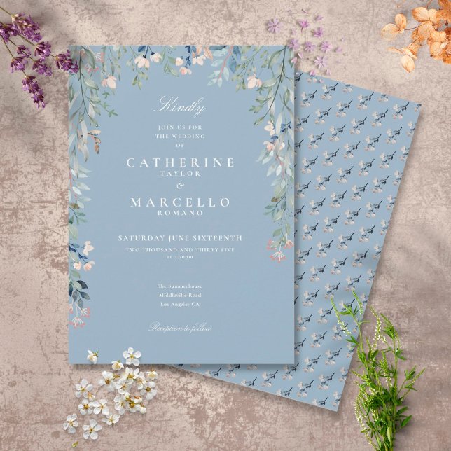 Invitación Flores Silvestres Azules Polvorientos Verde Vegeta (Subido por el creador)