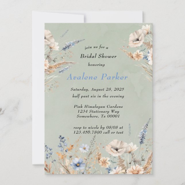 Invitación Flores Silvestres Azules Sage Y Duste Ducha De Nov (Anverso)