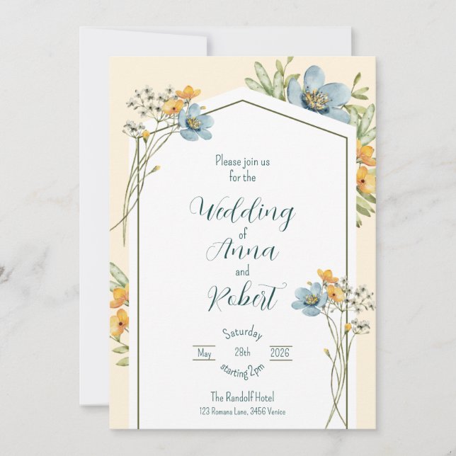 Invitación Flores Silvestres Azules Y Amarillas Boda Geométri (Anverso)