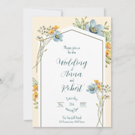 Invitación Flores Silvestres Azules Y Amarillas Boda Geométri