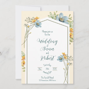 Invitación Flores Silvestres Azules Y Amarillas Boda Geométri