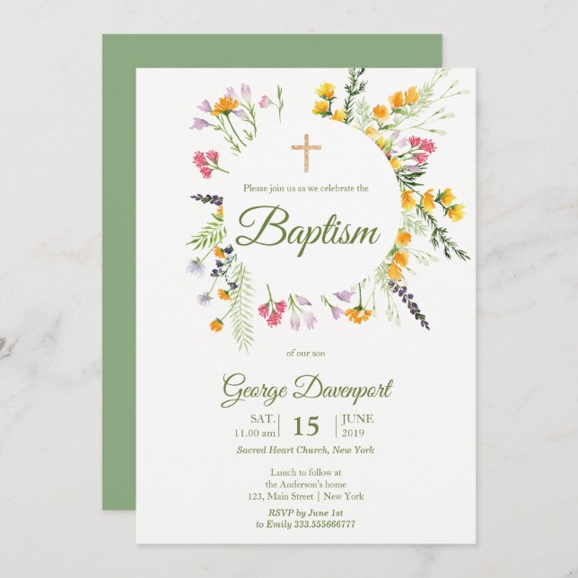 Invitación Flores silvestres bautismo Evento religioso Invita (Anverso / Reverso)