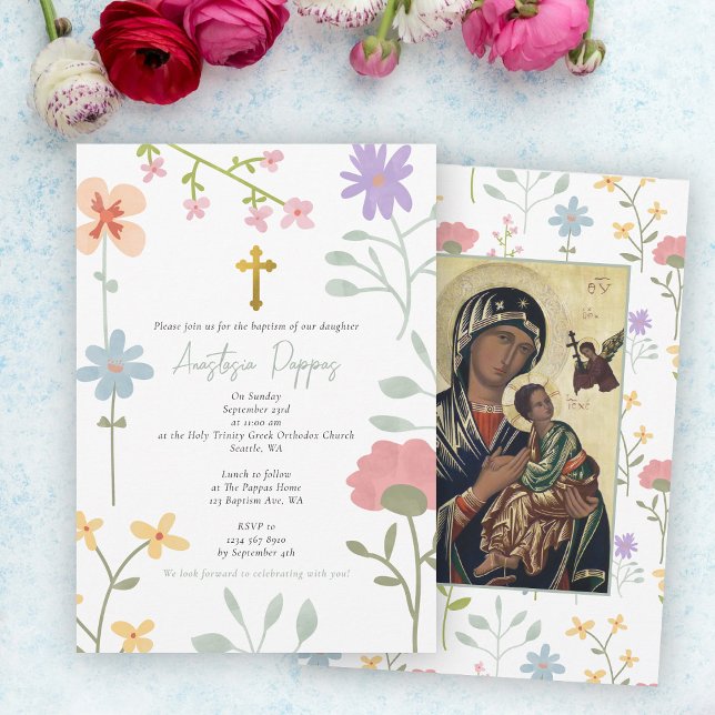 Invitación Flores silvestres Bautismo griego ortodoxo cristia (Wildflowers Greek Orthodox Christening Baptism Invitation)