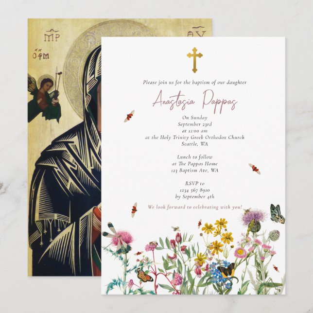 Invitación Flores silvestres Bautismo griego ortodoxo cristia (Anverso / Reverso)