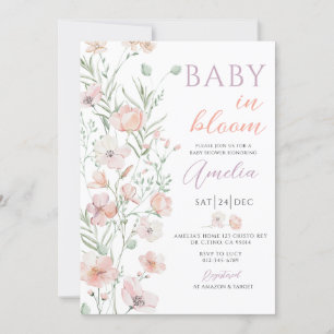 Invitación Flores silvestres: bebé rosa en el Baby Shower en 