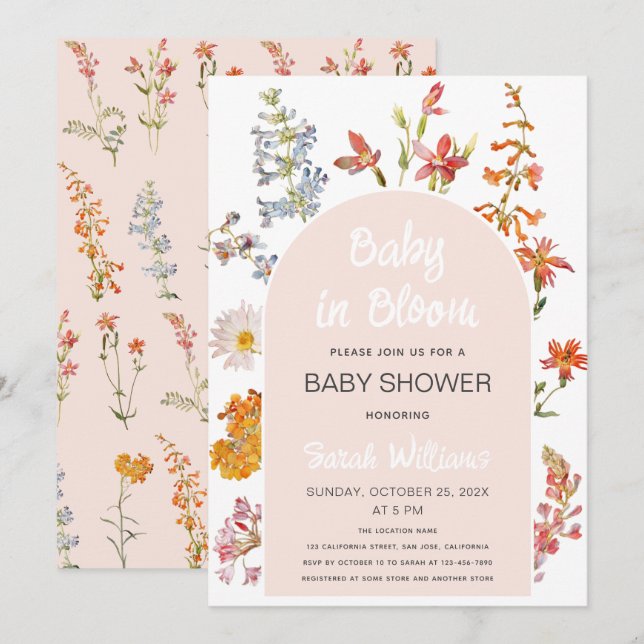 Invitación Flores silvestres bebés en la ducha de Chica de ar (Anverso / Reverso)