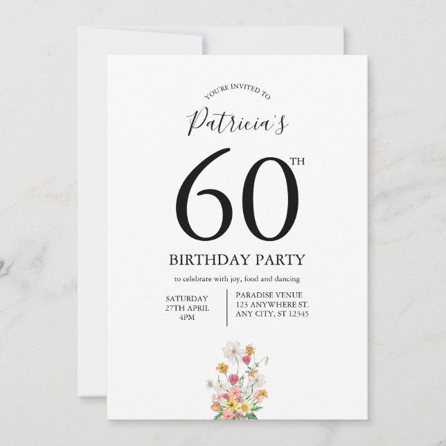 Invitación Flores silvestres blancas cumpleaños 60 (Anverso)
