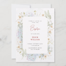 Invitación Flores silvestres blancas grises acuarela bautizo