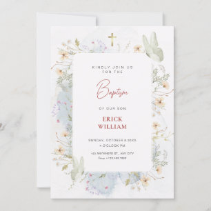 Invitación Flores silvestres blancas grises acuarela bautizo