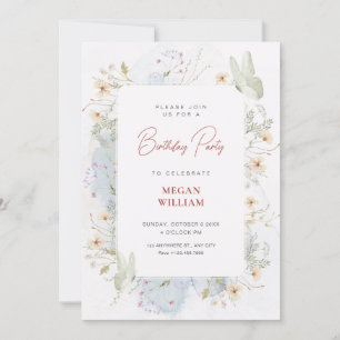 Invitación Flores silvestres blancas grises cumpleaños acuáti