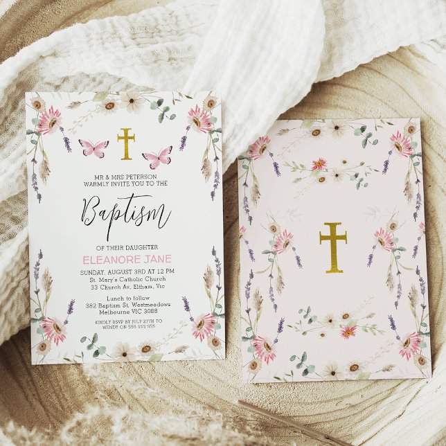 Invitación Flores silvestres blancas rosadas mariposa Bautism (
Wildflowers Baptism Invitation for girl, Girls Butterflies Baptism Invitation Template, Gold Cross
)