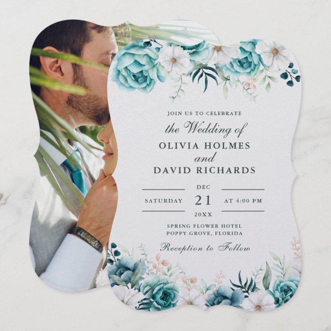 Invitación Flores Silvestres Blancas Turquesa Foto de Boda de (Anverso / Reverso)