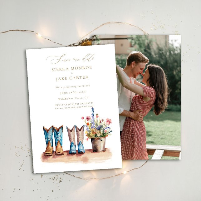 Invitación Flores silvestres Boda de foto de Moda rusa Save D (rustic country western wedding save the date photo wildflowers fairytale barn ranch countryside chic)