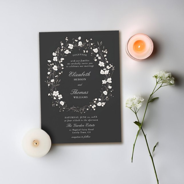 Invitación Flores silvestres Boda elegante formal blanca negr (wildflowers wedding invitation black and white formal elegant traditional calligraphy modern classic)
