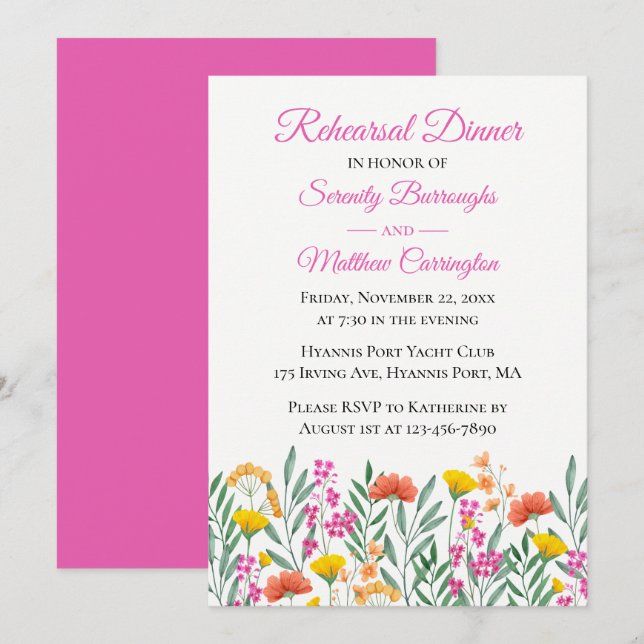 Invitación Flores silvestres Boda floral rosa Ensayo de cena (Anverso / Reverso)