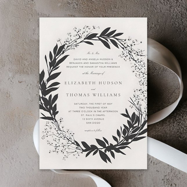 Invitación Flores silvestres Boda formal moderno de marfil ne (wildflowers wedding invitation black and white floral wreath formal elegant modern typography)