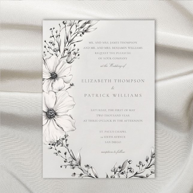 Invitación Flores silvestres Boda formal tradicional de marfi (wildflowers wedding invitation black and white wreath formal elegant modern classic romantic)