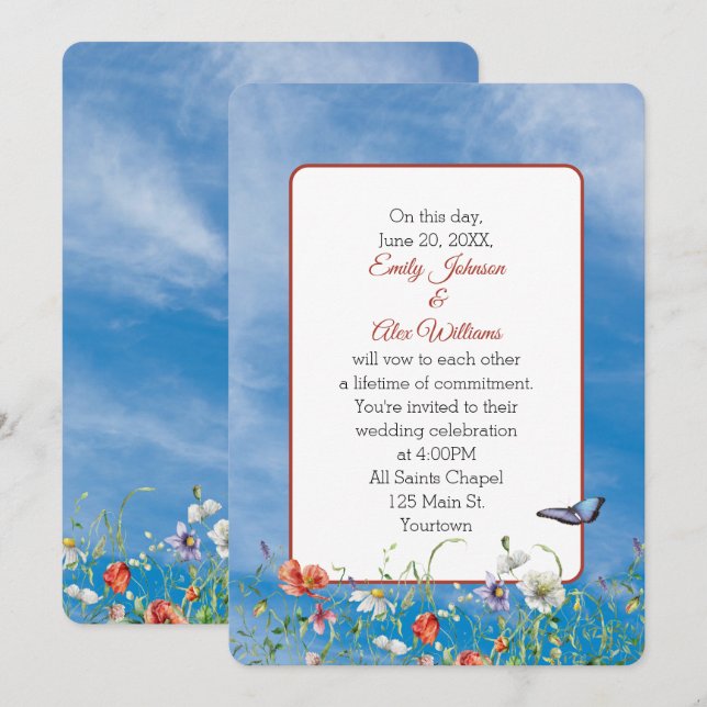 Invitación Flores Silvestres bodas En El Cielo De Verano (Anverso / Reverso)