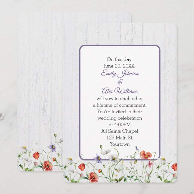 Invitación Flores Silvestres bodas En Madera Blanca (Anverso / Reverso)