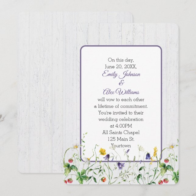 Invitación Flores Silvestres bodas En Madera Blanca (Anverso / Reverso)