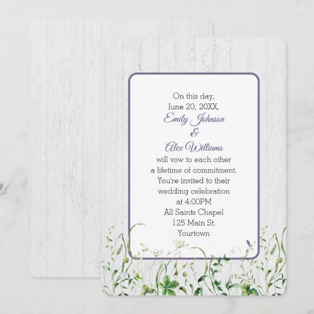 Invitación Flores Silvestres bodas En Madera Blanca (Anverso / Reverso)