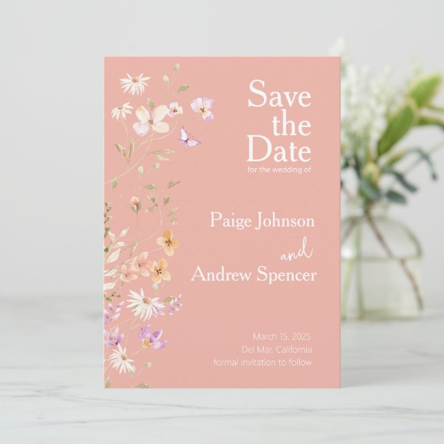 Invitación Flores silvestres Bodas rosadas Salven la fecha (Anverso de pie)