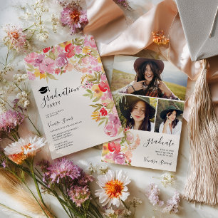 Invitación Flores silvestres boho florales 3 fotos graduación