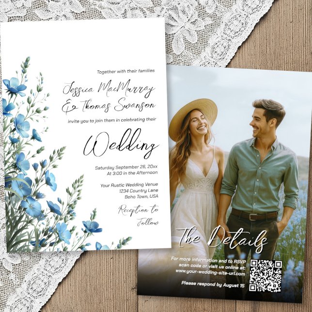 Invitación Flores Silvestres Boho Salvia Azul Polvorienta Fot (Front/Back)