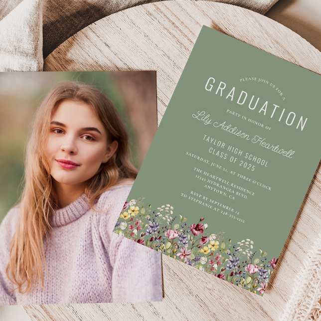 Invitación Flores Silvestres Boho Verde Salvia Foto Graduació (Subido por el creador)