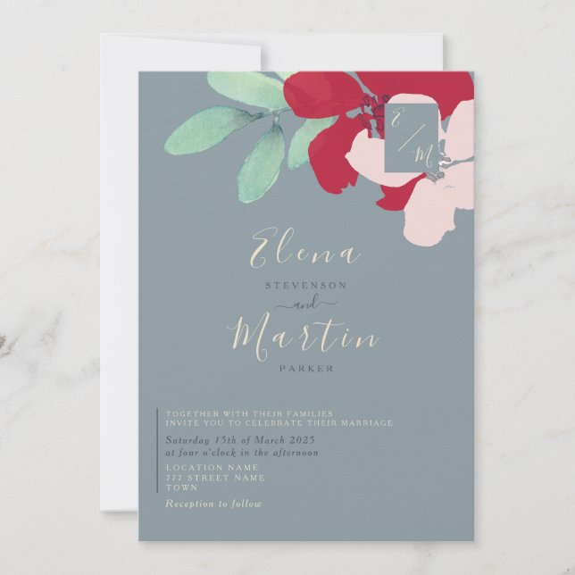 Invitación Flores silvestres Borgoña y Boda azul turbio (Anverso)