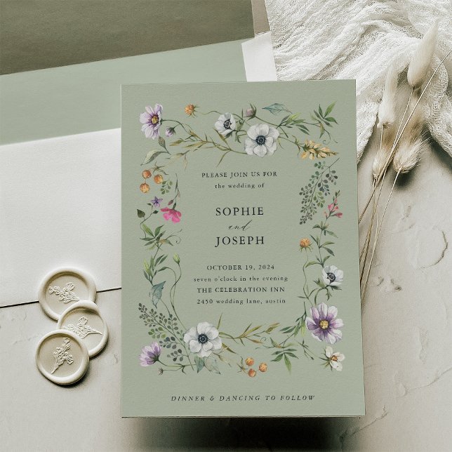 Invitación Flores silvestres botánicas | Boda verde suave (A pretty, soft green wedding invitation with wildflowers)