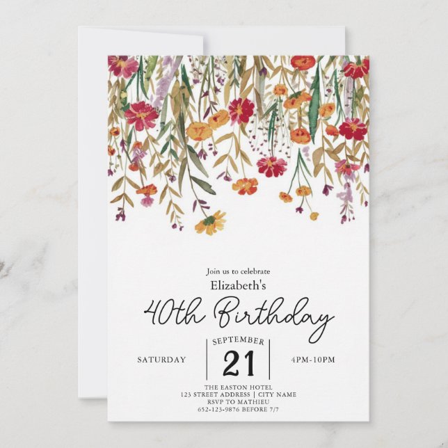 Invitación Flores silvestres botánicas editables 40 años (Anverso)
