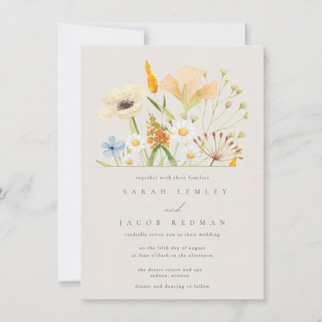 Invitación Flores Silvestres Botánicas Simples para Boda (Anverso)