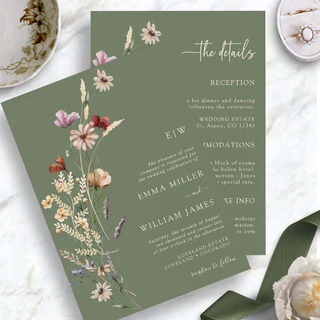 Invitación Flores Silvestres Caprichosas Verde Salvia Todo en (Whimsical Wildflowers Sage Green  Boho Wedding Invitation Details by Painted Paperie
)