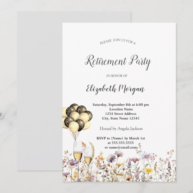Invitación Flores silvestres chic Copas de vino Globos Jubila (Anverso / Reverso)