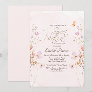 Invitación Flores silvestres chic rosa acuarela Sweet 16
