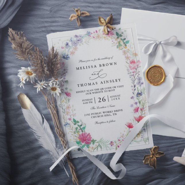 Invitación Flores silvestres Código QR de boda rústica elegan (Subido por el creador)