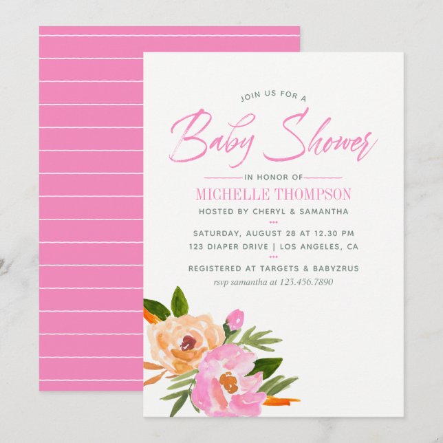 Invitación Flores silvestres color agua rosa Baby Shower (Anverso / Reverso)
