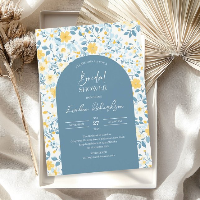 Invitación Flores silvestres color azul claro azul intenso (Boho arch colorful light blue yellow wildflowers invitation)