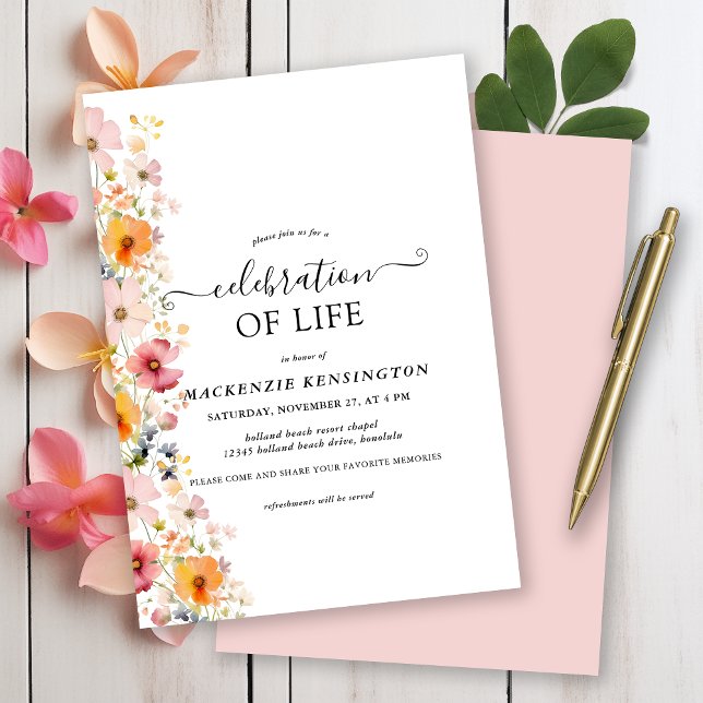 Invitación Flores silvestres color de agua moderna celebració (Modern Watercolor Wildflowers Celebration of Life Invitation)