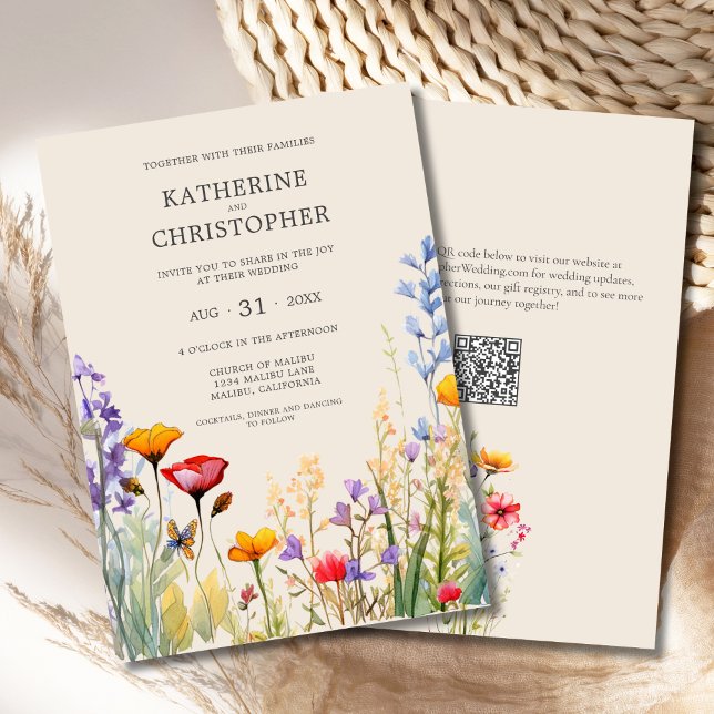 Invitación Flores silvestres coloridas Boda beige elegante (Colorful Wildflowers Elegant Beige Wedding Invitation with purple, orange, red, butterfly, QR code.)