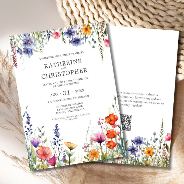 Invitación Flores silvestres coloridas Elegante boda (Colorful Wildflowers Elegant Wedding Invitation with Orange, Pink, Blue, Red Watercolor Flowers, QR)