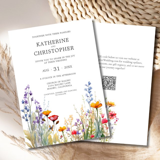Invitación Flores silvestres coloridas Elegante boda (Colorful Wildflowers Elegant Wedding Invitation with QR Code, Orange, Red, Purple Watercolor Flowers)