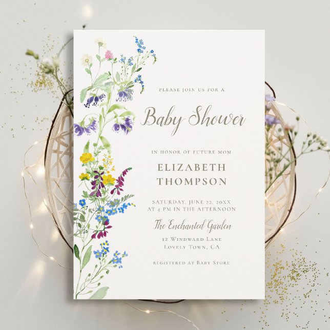 Invitación Flores silvestres coloridas florecen elegantemente (wildflowers baby shower invitation elegant garden party colorful happy watercolor rustic chic boho)