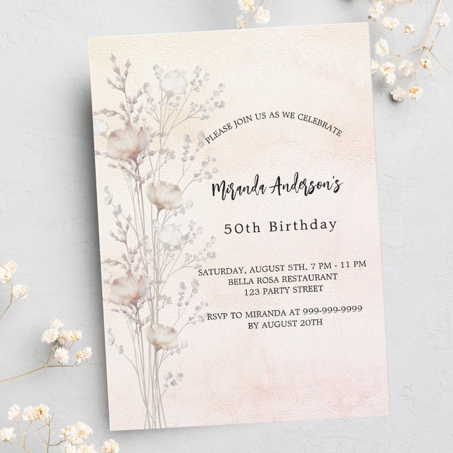 Invitación Flores silvestres crema rosa de lujo cumpleaños (Subido por el creador)